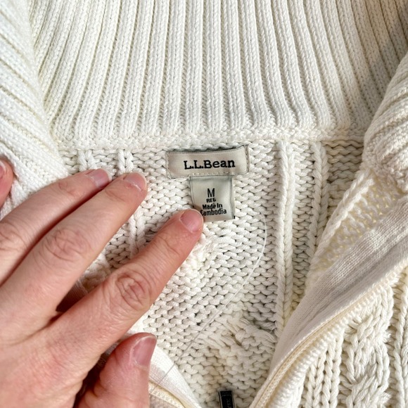 LL Bean Double L Cable Knit Quarter Zip Sweater Cream Pullover Long Sleeve MED - Picture 9 of 15